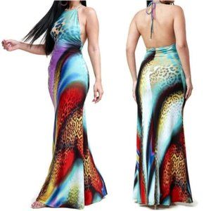 Alina Neon Leopard Print Halter Maxi Sundress